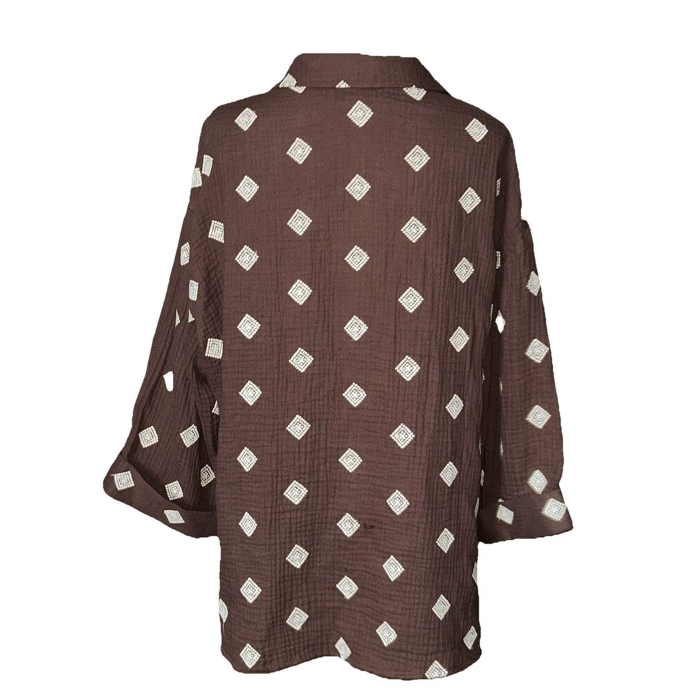 Cynthia Rowley Cotton Gauze Embroidered Button Up Blouse Brown Plus Size 1X - Picture 3 of 12